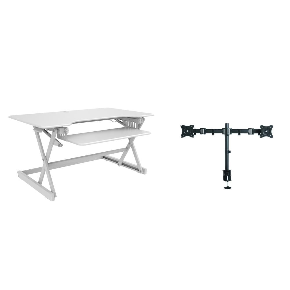 40" Large Adjustable Standing Desk Converter/Dual Monitor Mount Bundle White