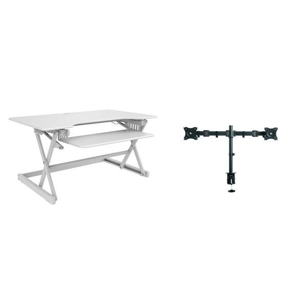 40" Large Adjustable Standing Desk Converter/Dual Monitor Mount Bundle White