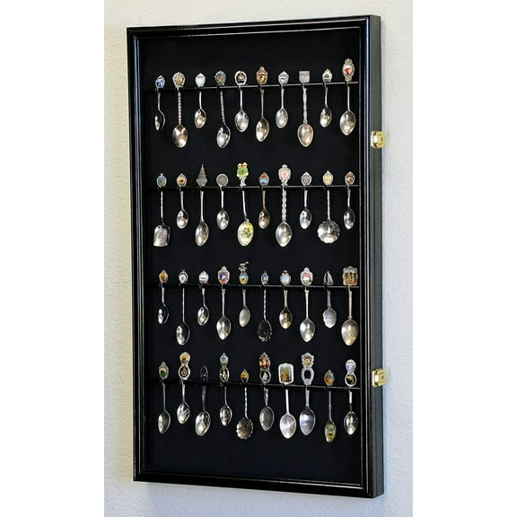 40 Larger Spoon Display Case Cabinet Wall Mount Rack Holder w/98% UV Protection Lockable, Black