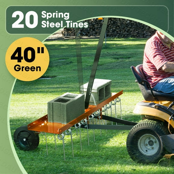 PPOLB 40" Tow-Behind Lawn Dethatcher with 20 Spring Steel Tines, Pull Behind Tractor Grass Rake for Lawn, Garden & Yard Care  Orange