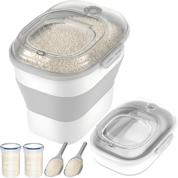 40 Lbs Rice Storage Container with Wheels, Collapsible Airtight Rice Holder with Transparent Lid, Measuring Cup, Scoop, Handle, BPA Free Food Storage Container for Pet Food, Grain, Bird Seed
