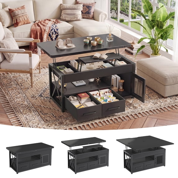 40" Farmhouse Lift Top Coffee Table for Living Room, 4 in 1 Storage Coffee Table with Fabric Drawers, Display Cabinet & LED Strip, Small Wood Sofa Side Table, Black