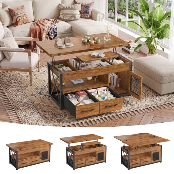 40" Farmhouse Lift Top Coffee Table for Living Room, 4 in 1 Storage Coffee Table with Fabric Drawers, Display Cabinet & LED Strip, Small Wood Sofa Side Table, Rustic Brown