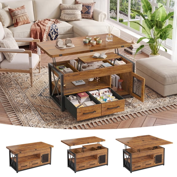 40" Farmhouse Lift Top Coffee Table for Living Room, 4 in 1 Storage Coffee Table with Fabric Drawers, Display Cabinet & LED Strip, Small Wood Sofa Side Table, Rustic Brown