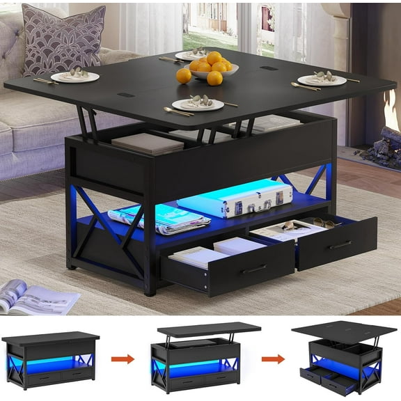 40" Lift Top Coffee Table, 4 in 1 Coffee Tables with Storage for Living Room, Small Farmhouse Coffee Table with 2 Drawers & LED Light for Dining Reception Room, Black