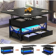 40 Lift Top Coffee Table, 4 in 1 Coffee Tables with Storage for Living Room, Small Farmhouse Coffee Table with 2 Drawers & LED Light for Dining Reception Room, Black