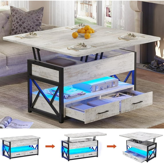 40" Lift Top Coffee Table, 4 in 1 Coffee Tables with Storage for Living Room, Small Farmhouse Coffee Table with 2 Drawers & LED Light for Dining Reception Room, Rustic White