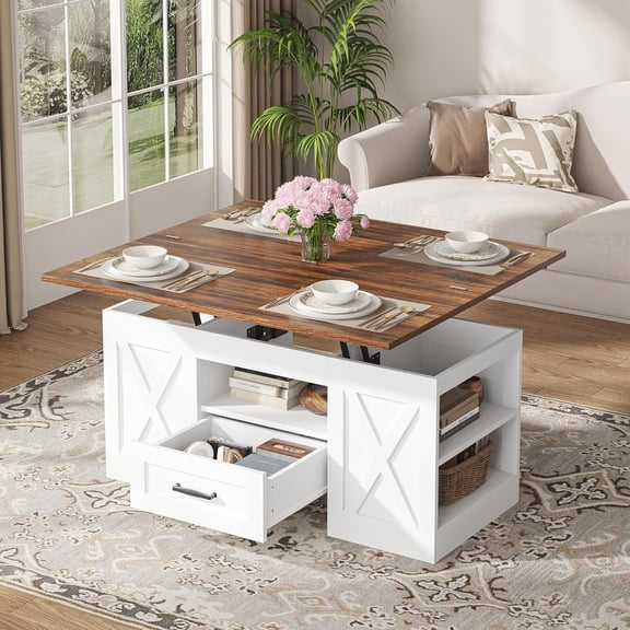 40" Lift Top Coffee Table, 4 in 1 Multi-Function Lift Coffee Tables with Storage Drawers and Hidden Compartmen, Farmhouse Coffee Table Converts to Dining Table (Retro Brown+White)