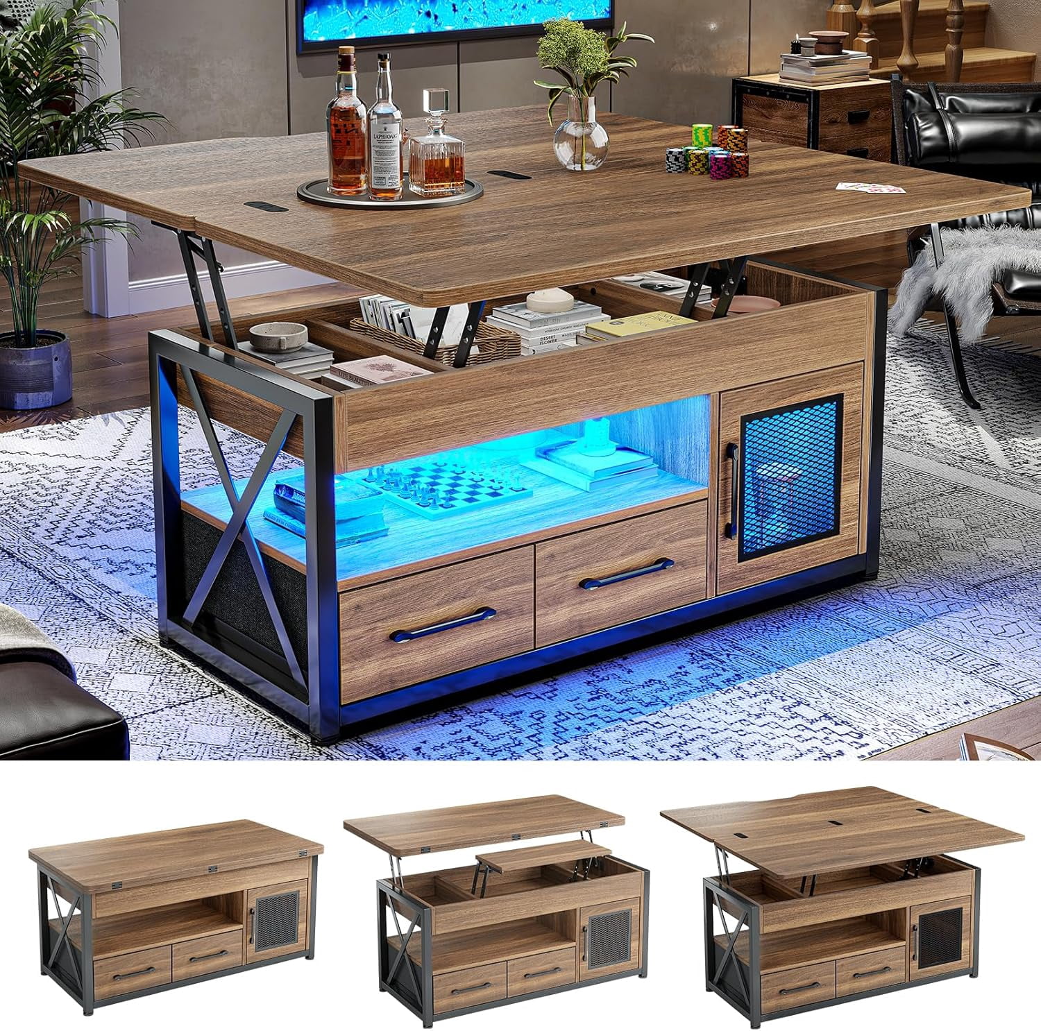 40" Lift Top Coffee Table, 4 in 1 Multifunctional Coffee Tables with Storage Cabinet for Living Room, Small Farmhouse Center Table with 2 Fabric Drawers & LED Light for Dining Room, Oak Brown