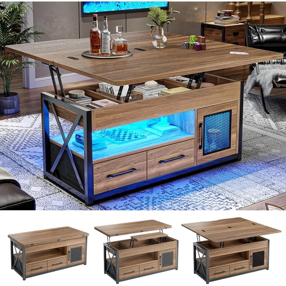 OTMCOOUCH 40in lift top coffee table with storage cabinet, 2 fabric drawers, and LED light, Oak Brown