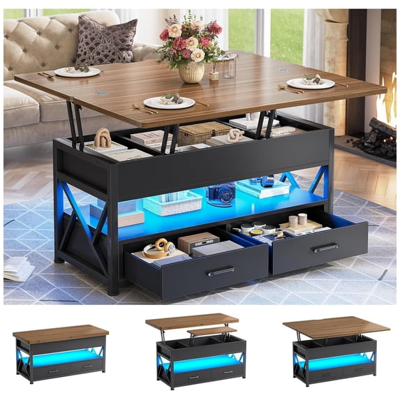 40" Lift Top Coffee Table, 4 in 1 Multifunctional Coffee Tables with Storage for Living Room, Small Coffee Table with 2 Drawers & LED Light for Dining Room, Black & Brown