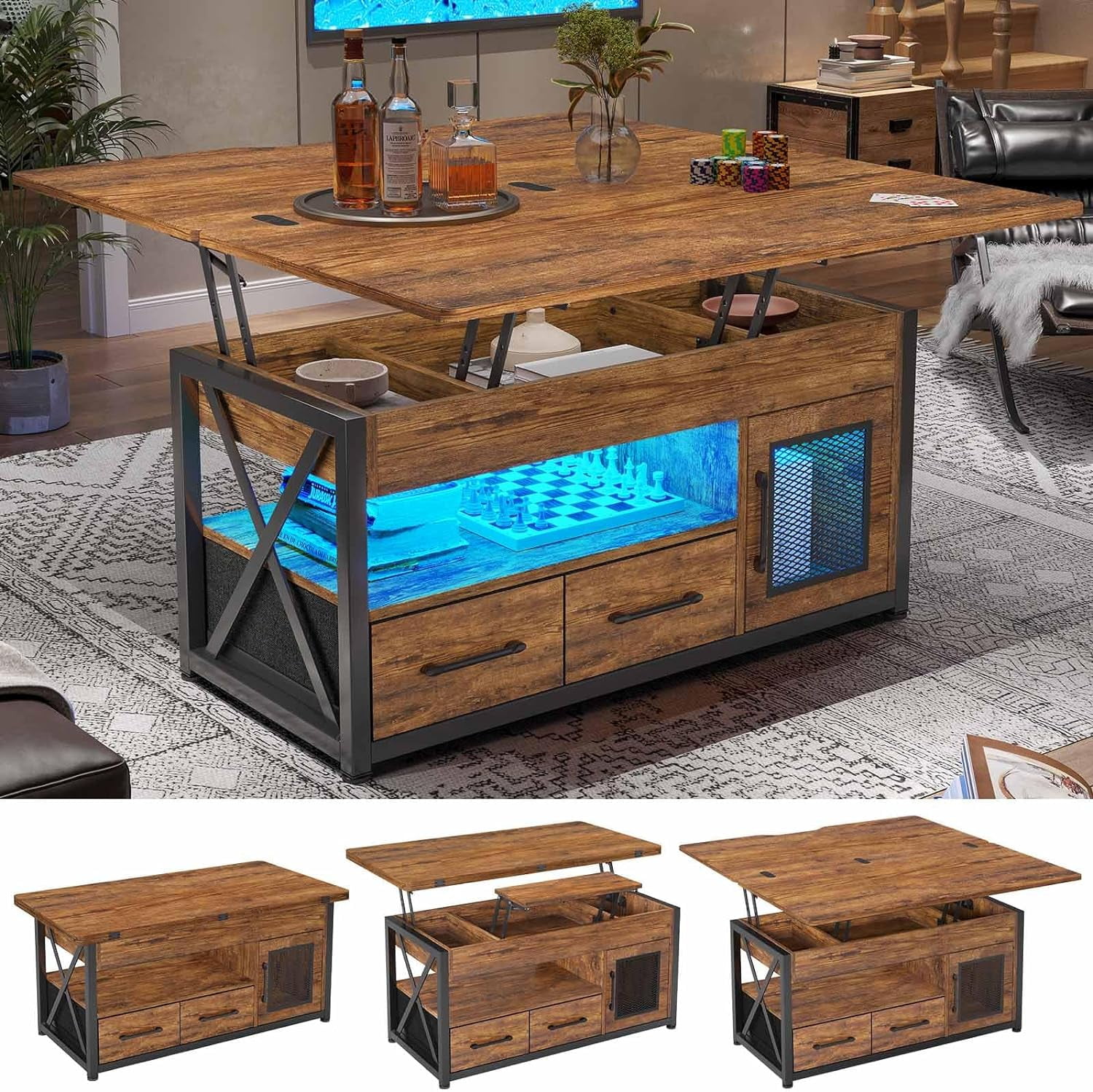 Rustic Brown Lift-Top Coffee Table with Storage and LED Light