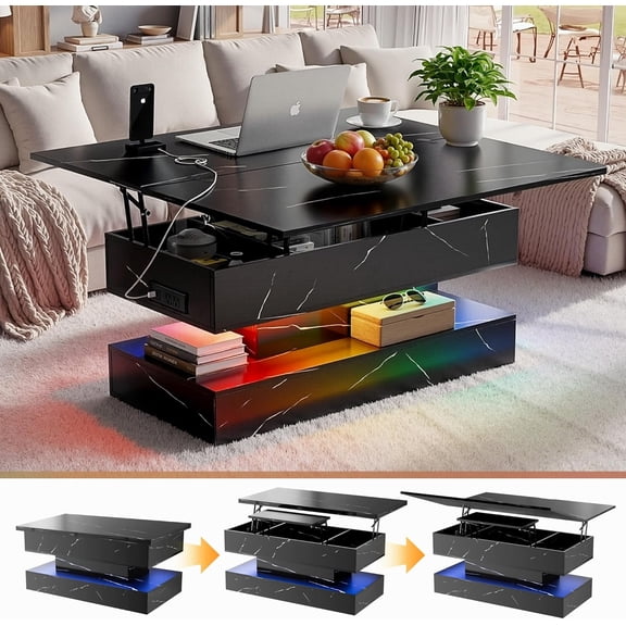 40" Lift Top Coffee Table, 4in1 Multi-Function Convertible Workstation Table with Storage & Charging Station, Modern Faux Marble Design for Living Room & Small Spaces, Black