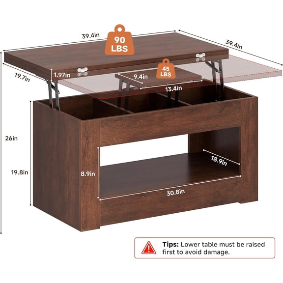 40" Lift Top Coffee Table, 4 in 1 Multi-Function Storage with Hidden Compartment, Convertible Dining for Living Room, Walnut