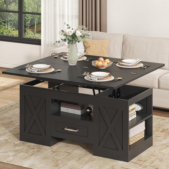 40" Lift Top Coffee Table 4-in-1 with Storage & Hidden Compartment, Farmhouse Convertible to Dining Table, Black