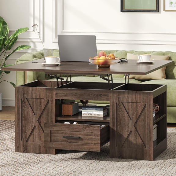 40" Lift Top Coffee Table 4-in-1 with Storage & Hidden Compartment, Farmhouse Convertible to Dining Table, Walnut