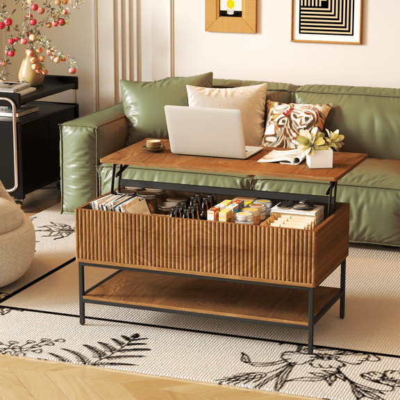 40" Lift Top Coffee Table with Hidden Storage Compartment, Farmhouse Rectangle Center Table with Bottom Open Shelf and Metal Legs, Safety Hinge, Fluted Coffee Table for Living Room, Home, Brown