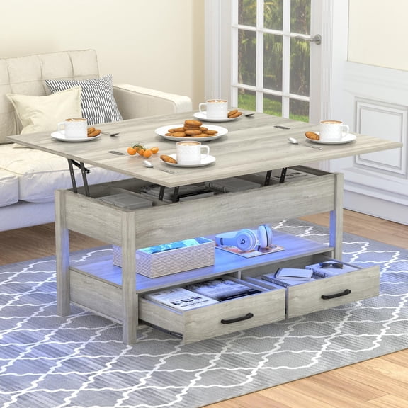 40'' Lift Top Coffee Table with LED, 4-in-1 Multifunctional Coffee Table with Drawers and Hidden Compartments, Converts to Dining Table for Living Room, Reception Room, Grey