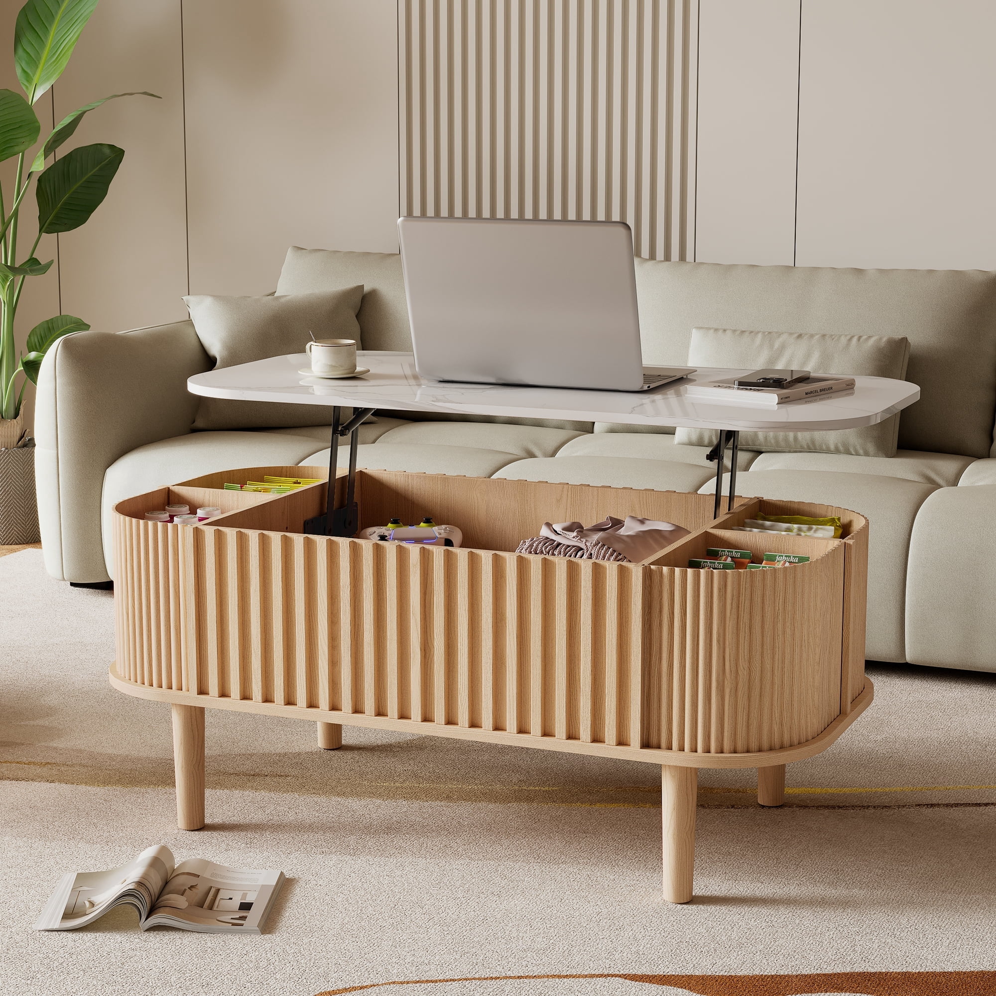 40" Lift Top Coffee Table with Storage, Faux Marble Tabletop & Solid Rubber Wood Legs, Mid-Century Modern Lift-Up Coffee Table for Living Room Natural Oak