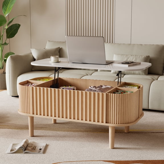 40" Lift Top Coffee Table with Storage, Faux Marble Tabletop & Solid Rubber Wood Legs, Mid-Century Modern Lift-Up Coffee Table for Living Room Walnut