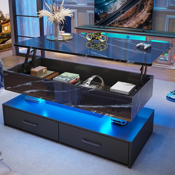40" Lift Top Coffee Table with Storage, Modern Coffee Table with LED Lights and 2 Drawers, Small Coffee Table for Living Room, Dining Reception Room, Black Marble