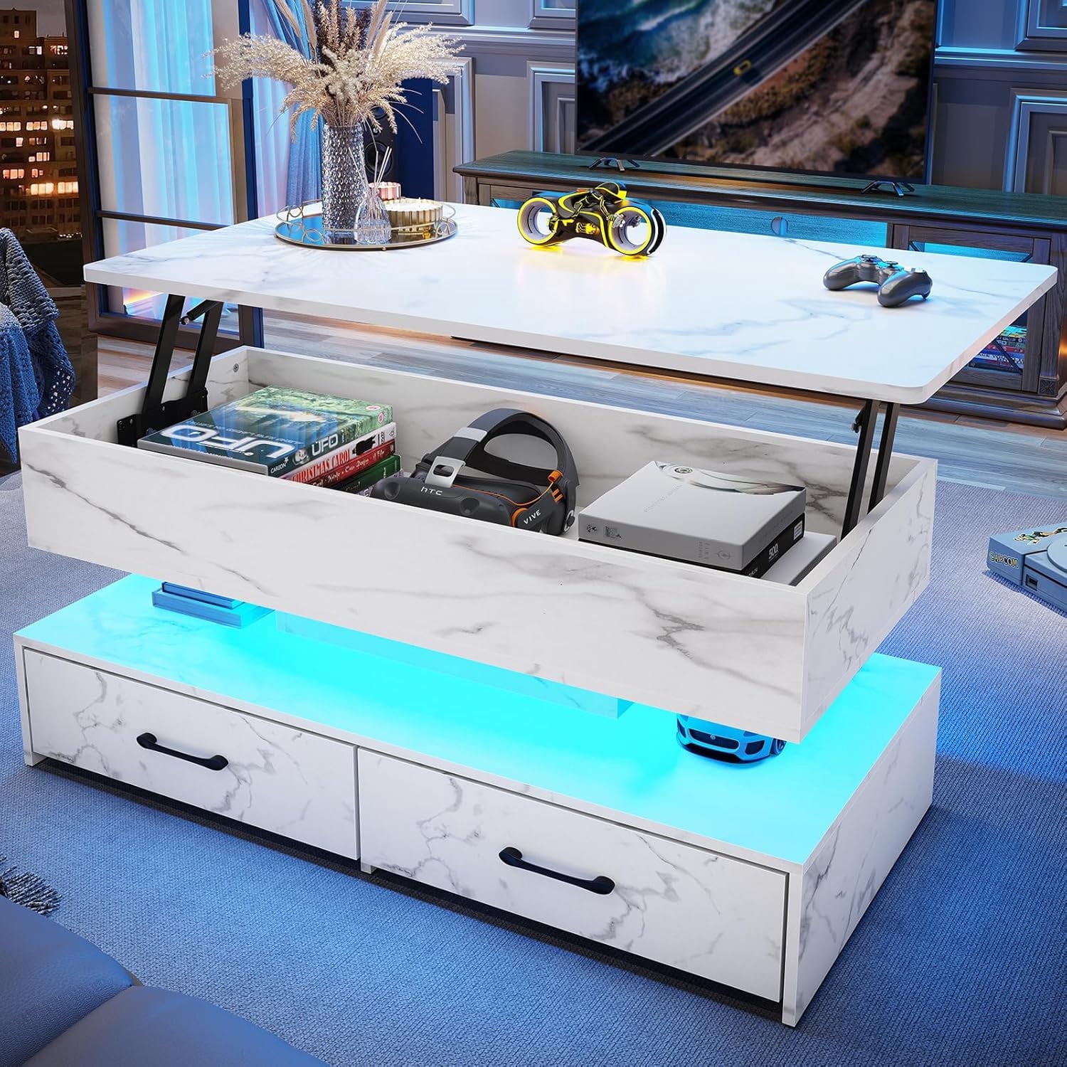 40" Lift Top Coffee Table with Storage, Modern Coffee Table with LED Lights and 2 Drawers, Small Coffee Table for Living Room, Dining Reception Room, White Marble