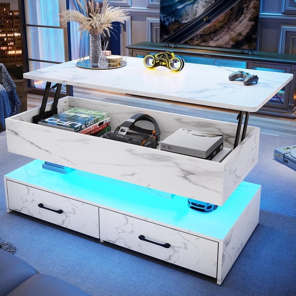 40" Lift Top Coffee Table with Storage, Modern Coffee Table with LED Lights and 2 Drawers, Small Coffee Table for Living Room, Dining Reception Room, White Marble