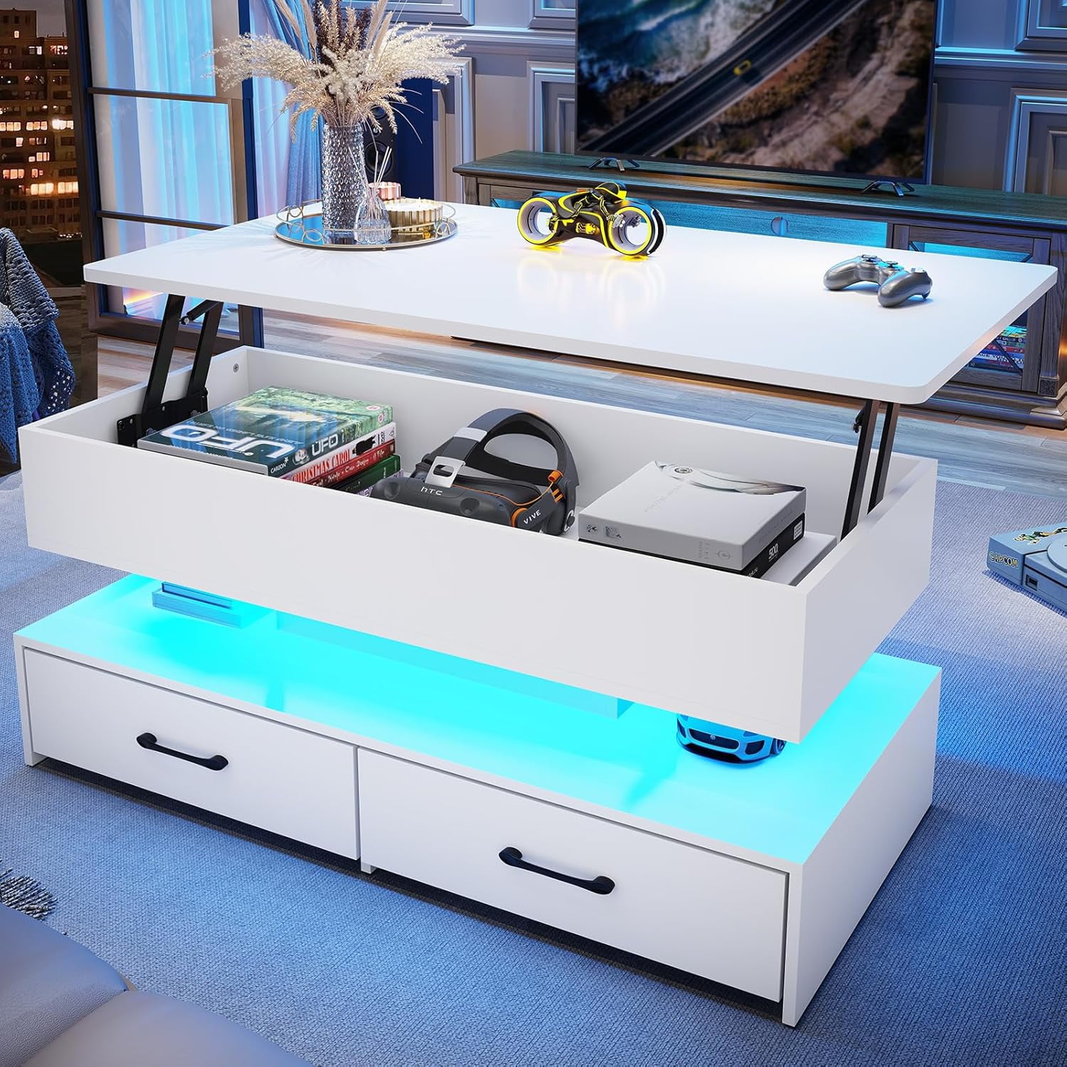 40" Lift Top Coffee Table with Storage, Modern Coffee Table with LED Lights and 2 Drawers, Small Coffee Table for Living Room, Dining Reception Room, White