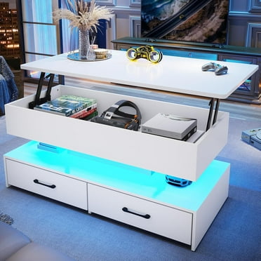 40" Lift Top Coffee Table with Storage, Modern Coffee Table with LED Lights and 2 Drawers, Small Coffee Table for Living Room, Dining Reception Room, White