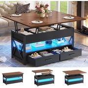 40 Lift Top Coffee Table with 2 Drawers and LED Light, 4 in 1 Small Farmhouse Coffee Table for Living Room