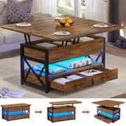 40 Lift Top Coffee Table with 2 Drawers and LED Light, 4 in 1 Small Farmhouse Coffee Table for Living Room