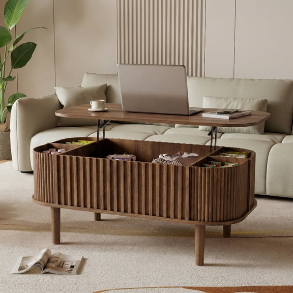40" Lift Top Coffee Table with Storage, Faux Marble Tabletop & Solid Rubber Wood Legs, Mid-Century Modern Lift-Up Coffee Table for Living Room Walnut