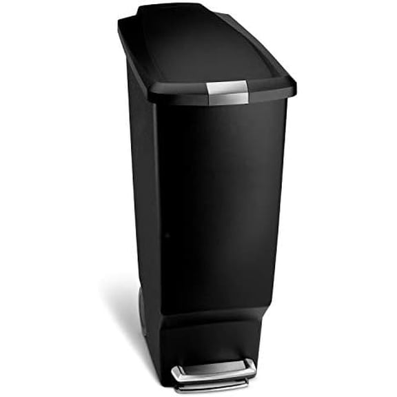 40 Liter / 10.6 Gallon Slim Kitchen Step Trash Can With Secure Slide Lock, Black Plastic