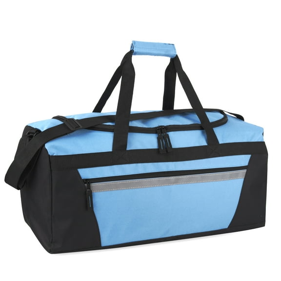 40 Liter 22 Inch Duffle Bag with Front Accessory Pocket, Velcro Handles, Dual Zipper Closure and Luggage Strap for Traveling, Commuting, Sports and Gym Equipment in Light Blue & Black