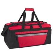 40 Liter 22 Inch Duffle Bag with Reflective Stripe, Front Accessory Pocket, Handles, Dual Zipper Closure and Luggage Strap for Traveling, Commuting, Sports and Gym Equipment in Red & Black