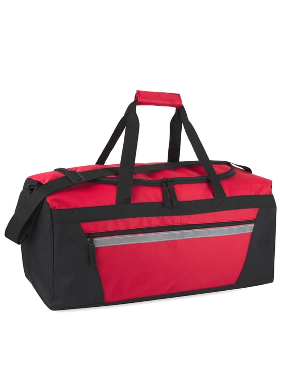 40 Liter 22 Inch Duffle Bag with Reflective Stripe, Front Accessory Pocket, Handles, Dual Zipper Closure and Luggage Strap for Traveling, Commuting, Sports and Gym Equipment in Red & Black