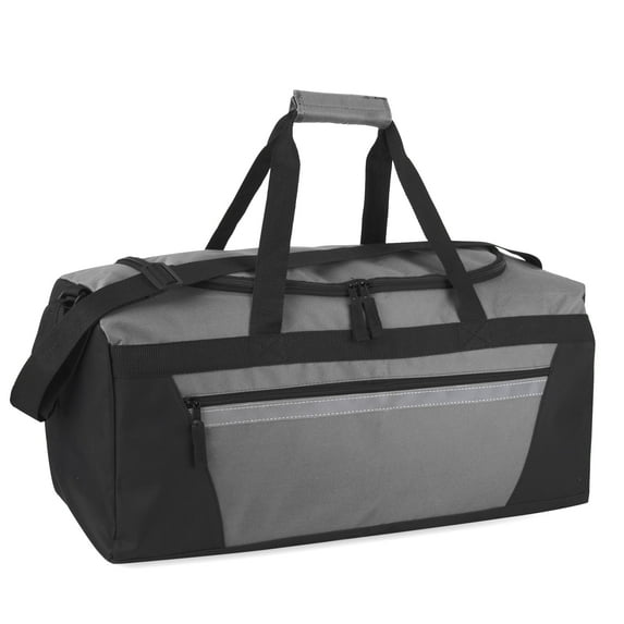 40 Liter 22 Inch Duffle Bag with Reflective Stripe, Front Accessory Pocket, Velcro Handles, Dual Zipper Closure and Luggage Strap for Traveling, Commuting, Sports and Gym Equipment in Gray & Silver