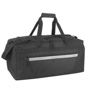 40 Liter 22 Inch Duffle Bag with Reflective Stripe, Front Accessory Pocket, Handles, Dual Zipper Closure and Luggage Strap for Traveling, Commuting, Sports and Gym Equipment in Black & Silver