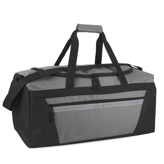 40 Liter 22 Inch Duffle Bag with Reflective Stripe, Front Accessory Pocket, Handles, Dual Zipper Closure and Luggage Strap for Traveling, Commuting, Sports and Gym Equipment in Gray & Silver