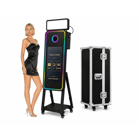40" Magic Mirror Photo Booth Machine, 21.5" Interactive Touch Screen Selfie Kiosk with Mini PC, RGB LED Frame and Flight Case for Weddings and Events