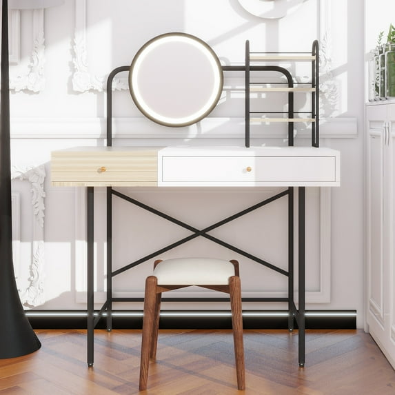 40" Makeup Vanity Desk with 3-Mode Lighted Mirror & Wireless Charging Station , Vanity Table with Drawer & 3 Open Shelves for Ample Storage Space, Dressing Table for Bedroom, White