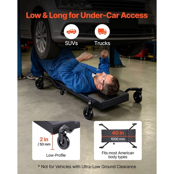 40 in Mechanic Creeper with 4 Large Wheels, 400 lbs Low Profile Under Car Garage Roller, Rolling Creeper with Raised Headrest, Manual Brake for Auto Repair