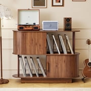 40" Mid Century Record Player Stand Storage Cabinet with, Turntable Stand Fluted Cabinet with Vinyl Record Holder, Mid Century Wood Storage Cabinet for Record, CD, Albiums Walnut, No-Socket