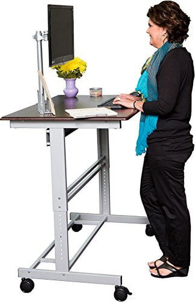 40 Mobile Adjustable-Height Stand Up Desk with Monitor Mount (Dark Walnut Shelves and Silver Frame)