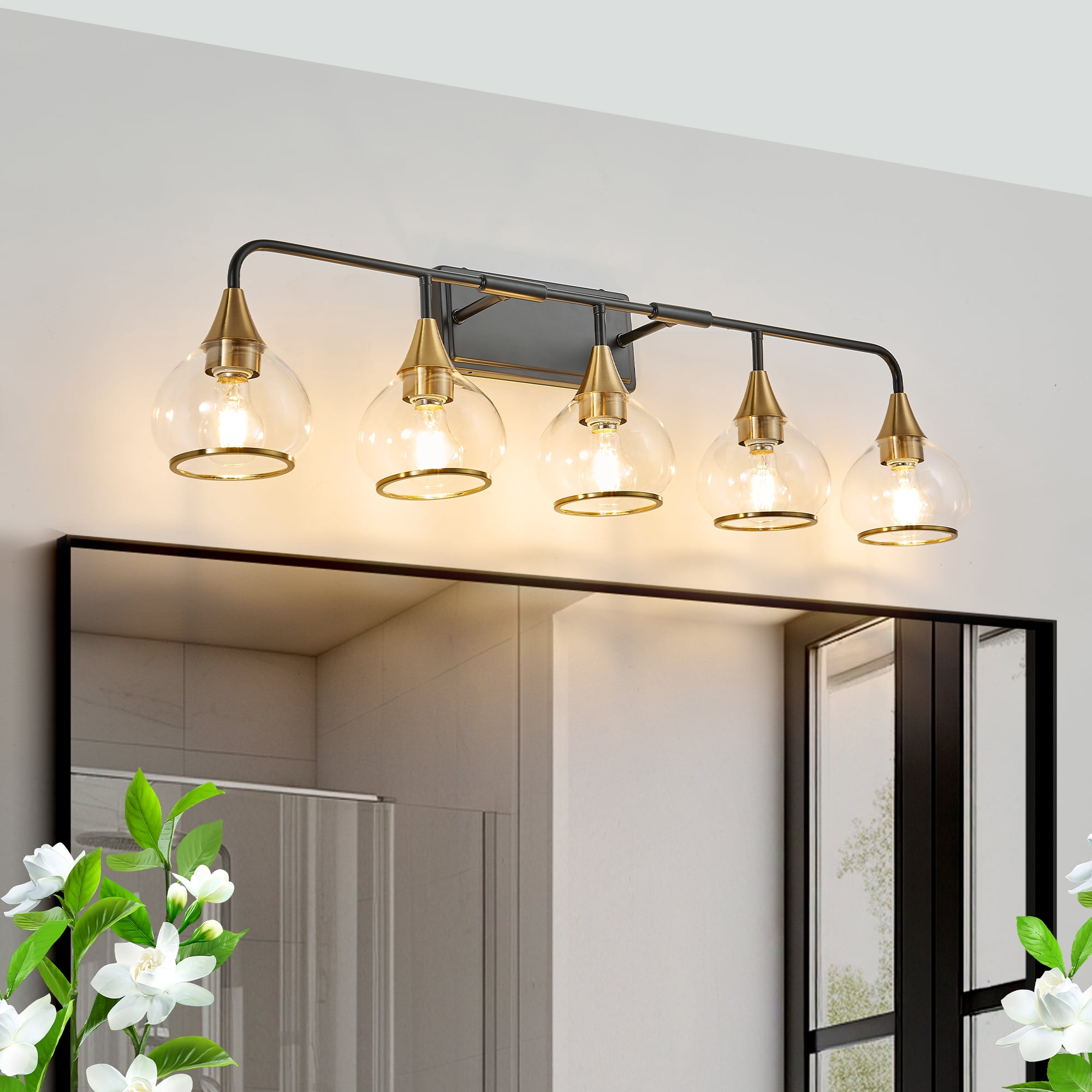 40" Modern 5-Light Vanity Light - Black and Gold Industrial Wall Sconce for Bathroom Mirror, Living Room, Hallway with Clear Glass Shades (Bulb Not Included)