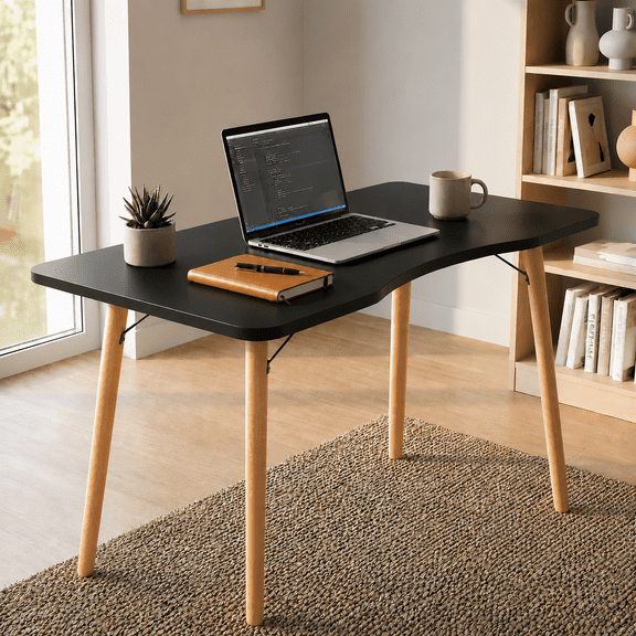 40” Modern Computer Desk – Black Study Writing Table with 15° Arc Rounded Corners & Angled Wooden Leg Support for Enhanced Stability, Desk for Home Office, Gaming, Laptop & Workstation