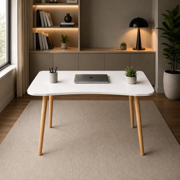 SRIAA 40” White Computer Desk, 15° Arc Writing Table, Home Office & Gaming, Rounded Corner Enhance Stability with Leg Support