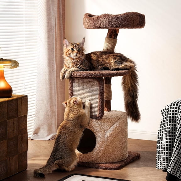 40" Modern Tree for Indoor Cats Large Adult, Compact Small Tree for Apartments, Branch & Sisal Posts, Cozy Plush Perches and Hideaway Condo, Brown