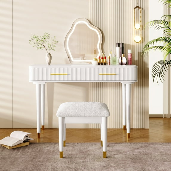 40" Modern Vanity Desk Set, Makeup Vanity Table Set with Touch Screen Lighted Mirror, Dressing Table and Cushioned Stool, Vanity Table with 2 Large Drawers for Bedroom, White
