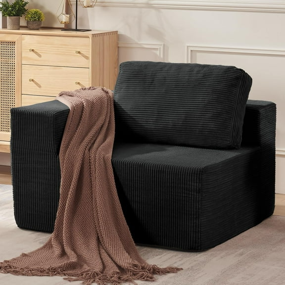 40" Modular Upholstered Foam Couch, Upholstered Floor Sofa Couch with Pillow, Single Sofa for Bedroom Living Room, No Assembly Required (Corduroy Fabric, Black)